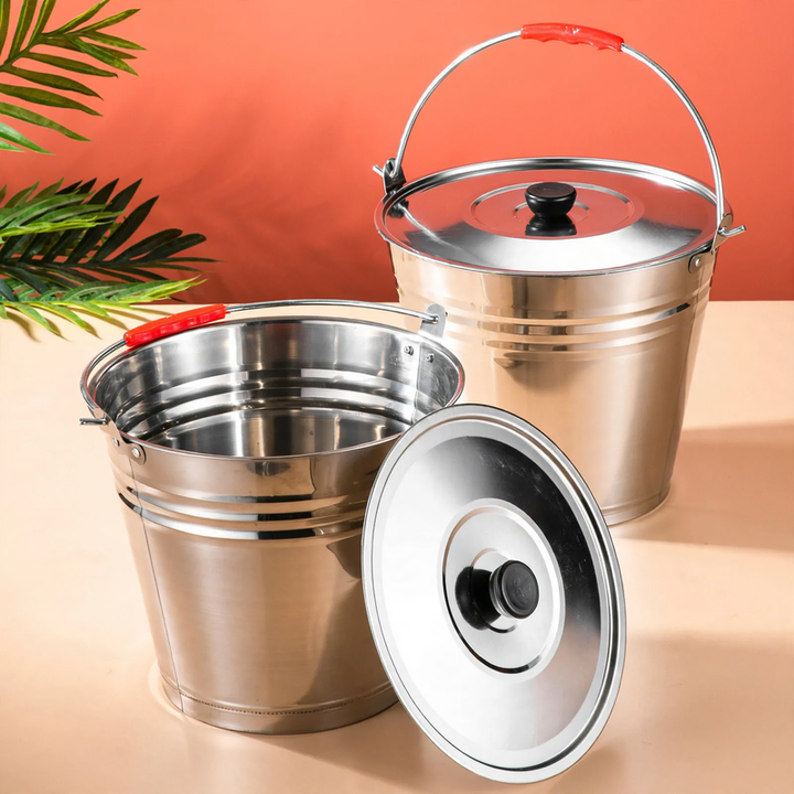 Stainless steel water bucket, reinforced, with lid