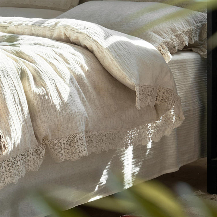 French Linen-Cotton Bed Linen Set with Lace Trim