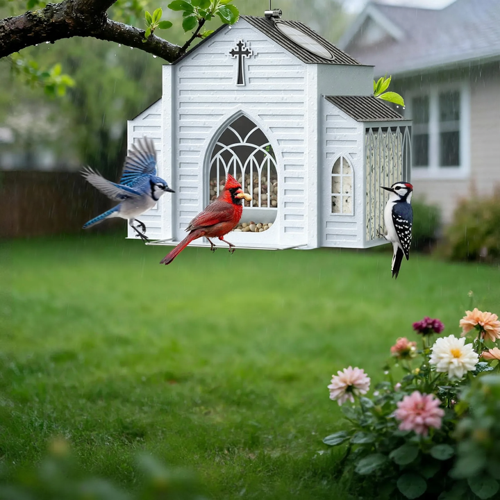 Kirch-shaped metal birdhouse, solar option