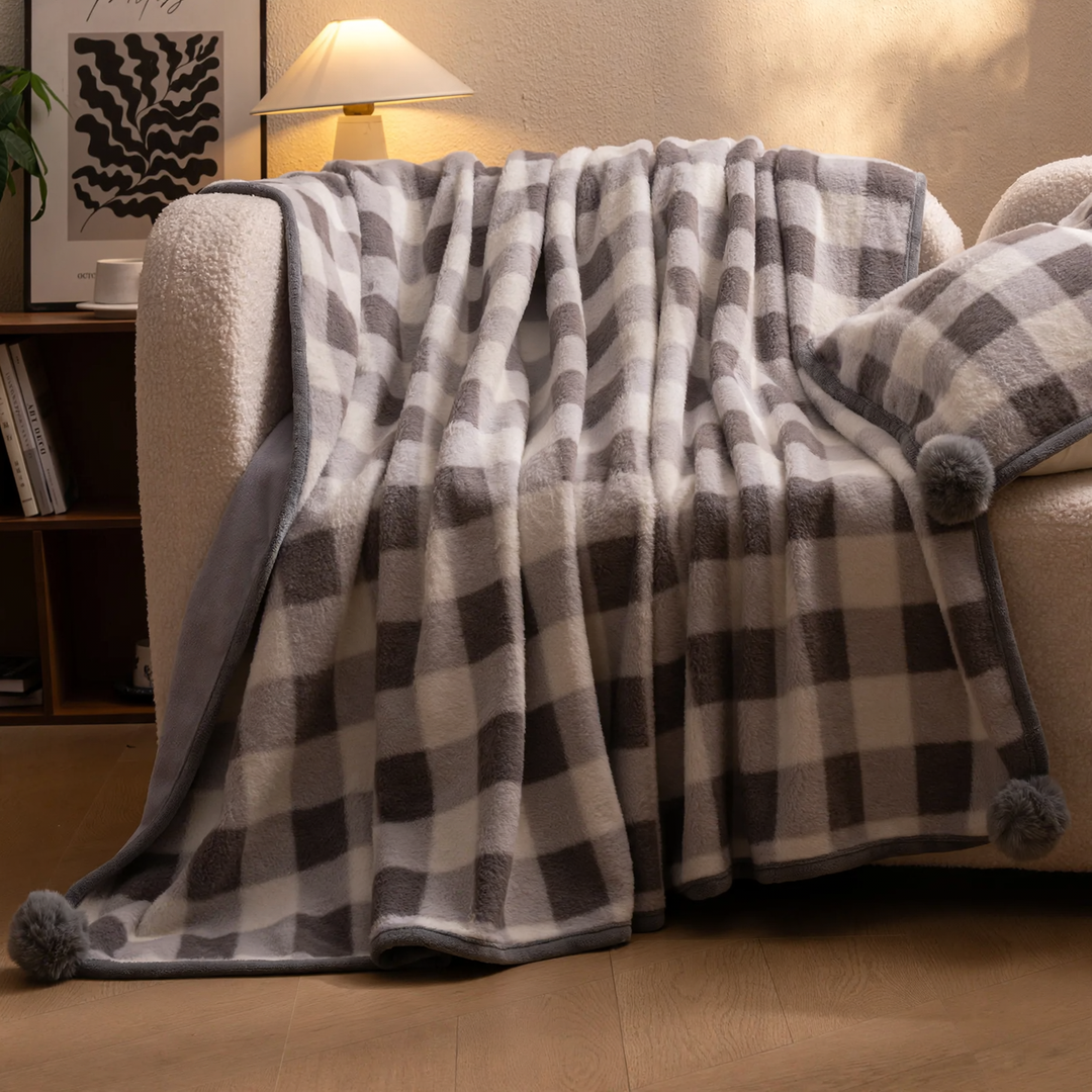 Fluffy wool blanket with check pattern, versatile use