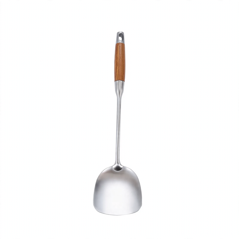 Stainless steel kitchen utensil set with wooden handles