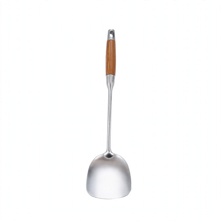 Stainless steel kitchen utensil set with wooden handles