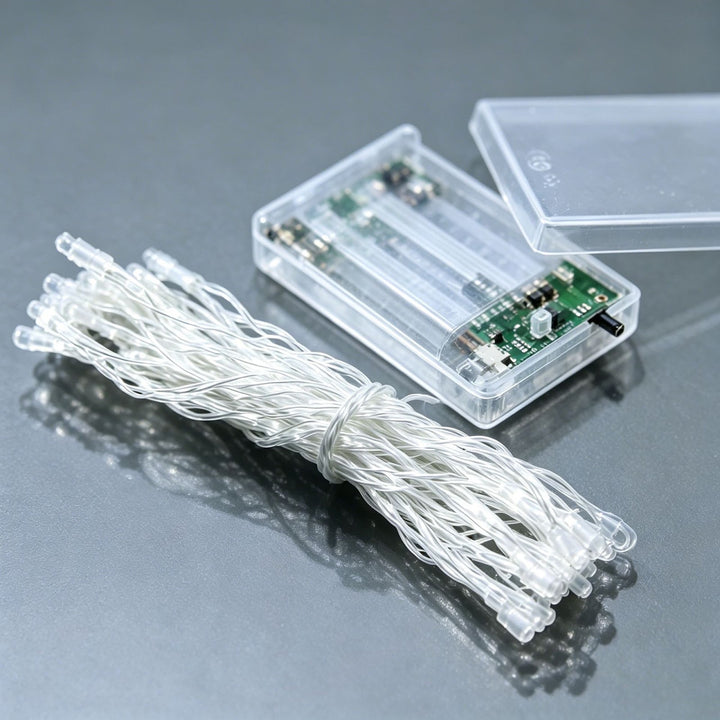 Battery-operated LED light string, transparent