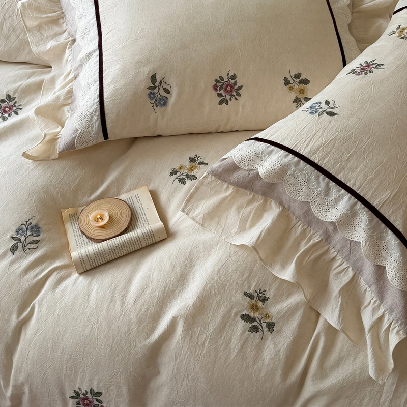 Cotton-linen bedding set with embroidery, 4 pieces