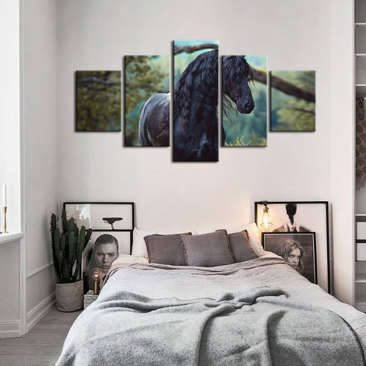 5 Piece Black Horse in Forest - Canvas Wall Art Painting | Bowlift