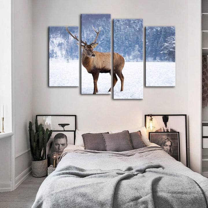 4 Piece Snowy Landscape Deer - Canvas Wall Art Painting | Bowlift