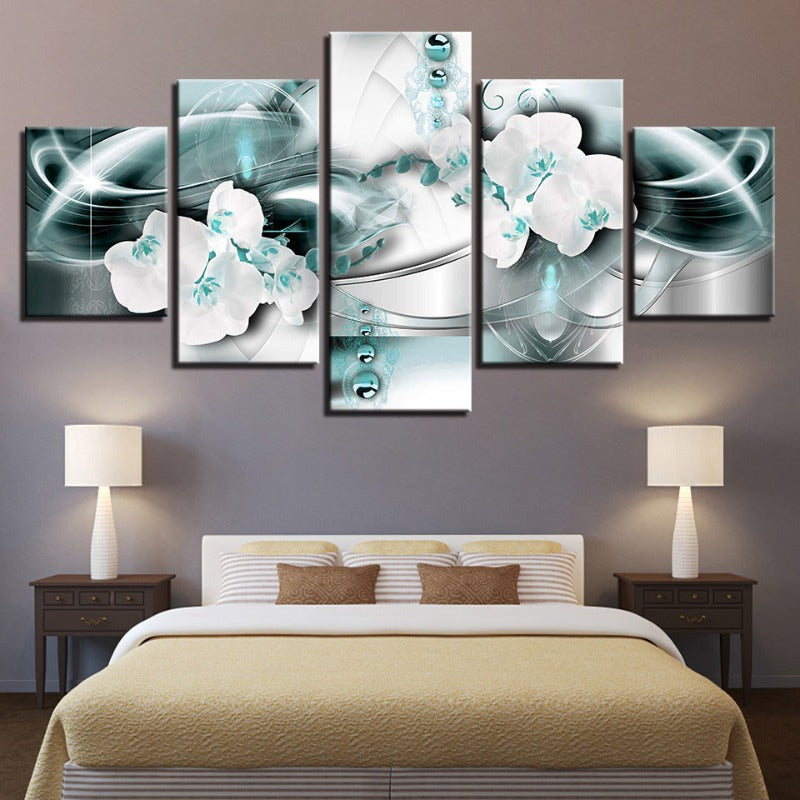 5 Piece Sea Blue Background & Hue White Flower - Canvas Wall Art Painting | Bowlift
