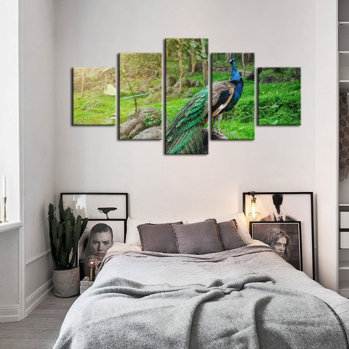 5 Piece Dignified Sunlit Peacock - Canvas Wall Art Painting | Bowlift