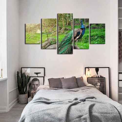 5 Piece Dignified Sunlit Peacock - Canvas Wall Art Painting | Bowlift