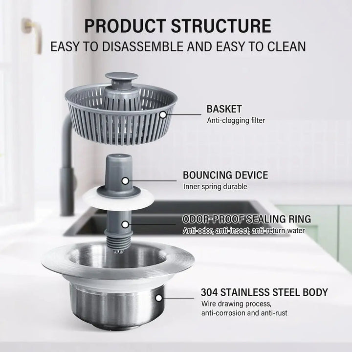 BowLift | Sink Drain Strainer – Anti-Blocking & Odor PRedection with Push Button