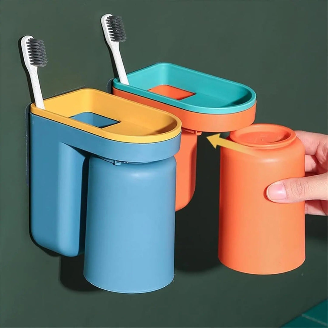 BowLift | Toothbrush Holder with Cup | Wall-Mounted | Self-Adhesive | ABS Plastic | 11.5×7×12.5cm