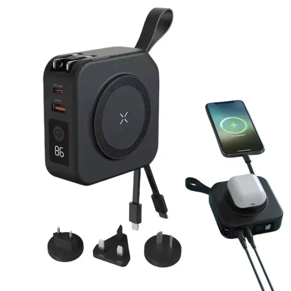 BowLift | TravelBank | Portable 5-in-1 Wall Charger | Wireless Charging, Power Bank & Multi-Device Charging