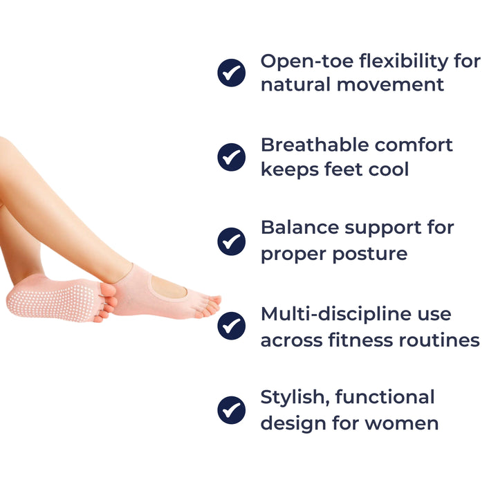 Slip Yoga Grip Socks – Open-Toe & Breathable – Rubberised Sole for Women – Stability Balance Comfort in Yoga & Pilates Bowlift