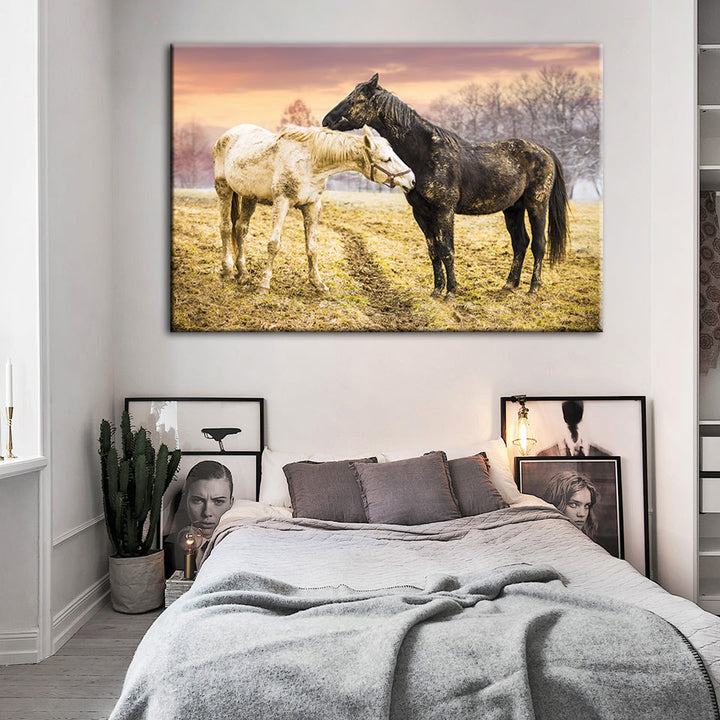 Black & White Horses - Canvas Wall Art Painting | Bowlift