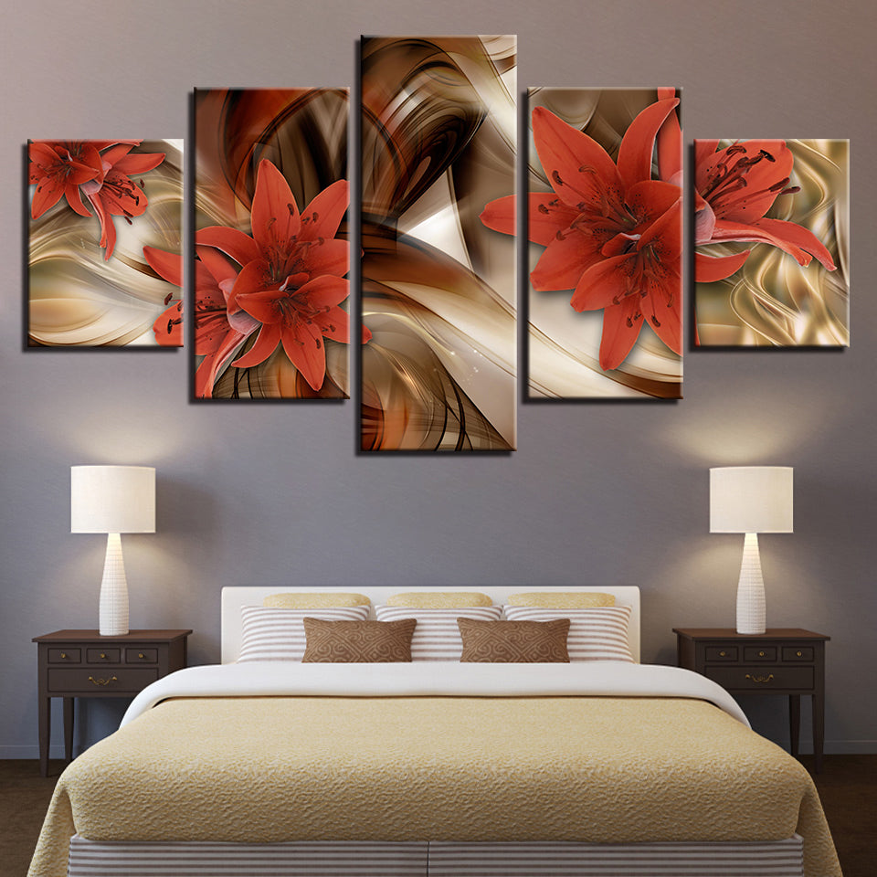 Desaturated Fire Red Lilies 5 Piece - Canvas Wall Art Painting | Bowlift