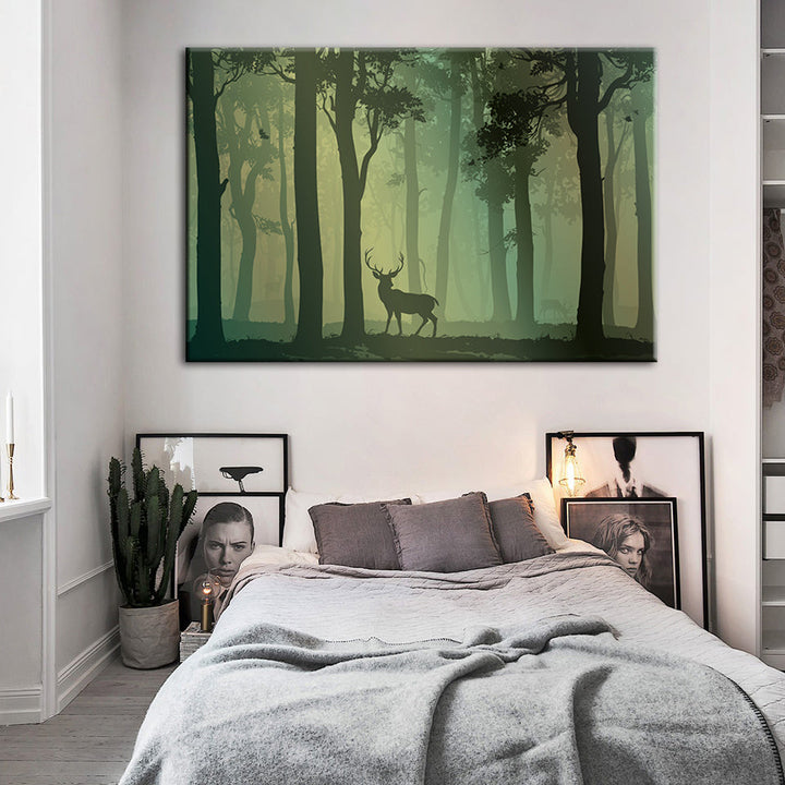 Enchanted Green Toned Silhouetted Deer - Canvas Wall Art Painting | Bowlift