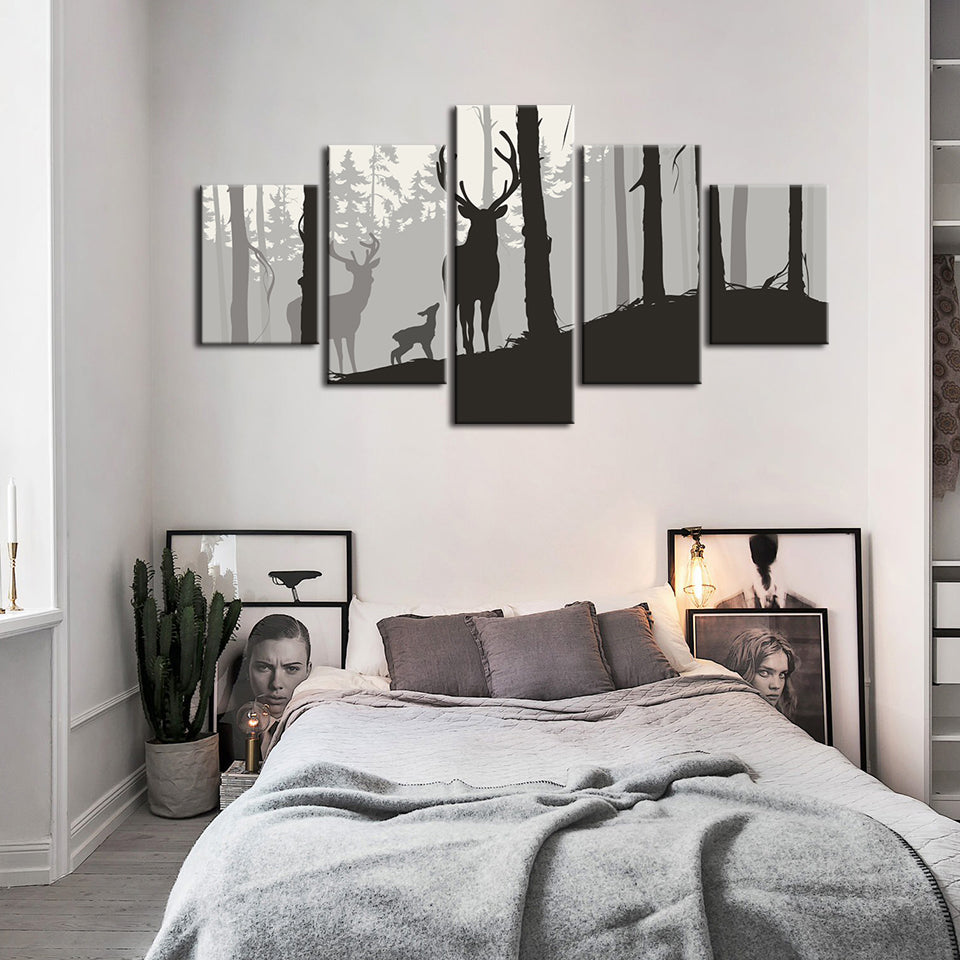 Silhouette Deer Family 5 Piece - Canvas Wall Art Painting | Bowlift
