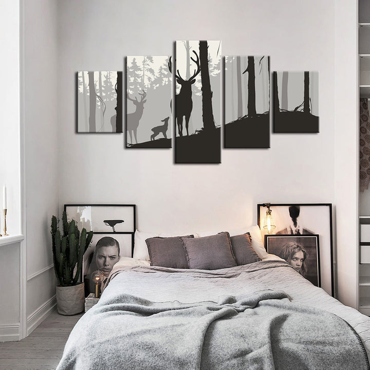 Silhouette Deer Family 5 Piece - Canvas Wall Art Painting | Bowlift