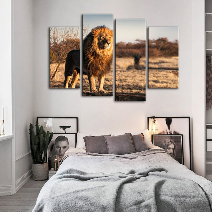 4 Piece Majestic Lion Bathed in Sunlight - Canvas Wall Art Painting | Bowlift