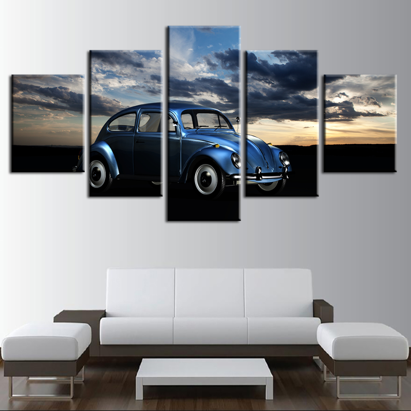 5 Pieces - Cloudy - Blue Classic Vintage Car - Canvas Wall Art Painting | Bowlift