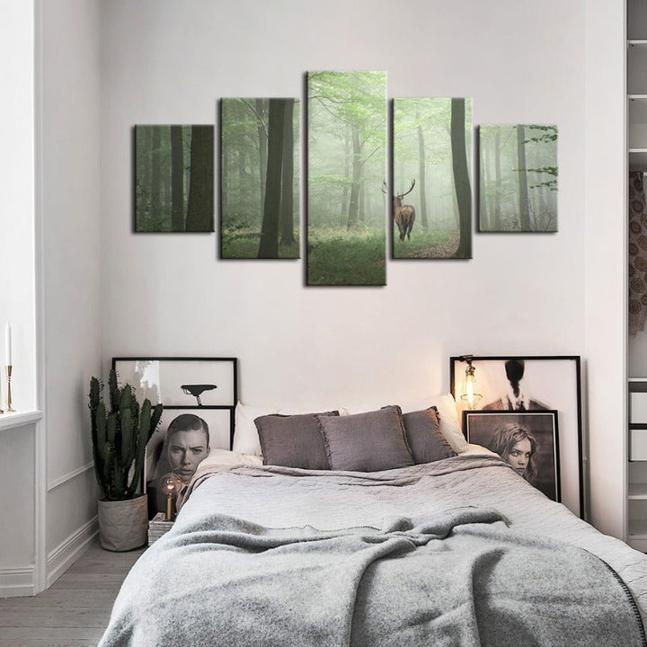 5 Piece Misty Mystical Deer In The Woods - Canvas Wall Art Paintings | Bowlift