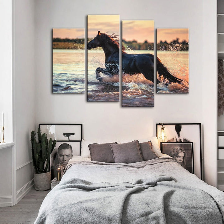 4 Piece Running Horse in Water - Canvas Wall Art Painting | Bowlift