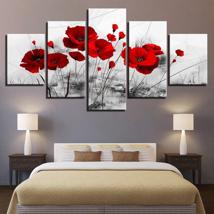 5 Piece White Background Red Flower - Canvas Wall Art Painting | Bowlift