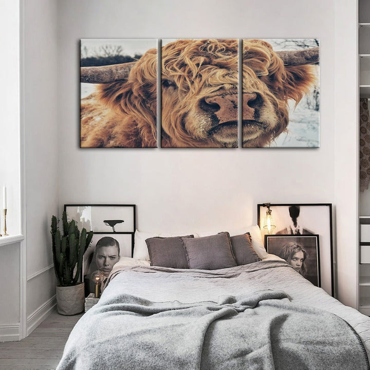 Close Up Brown Cow-Canvas Wall Art Painting 3 Pieces | Bowlift