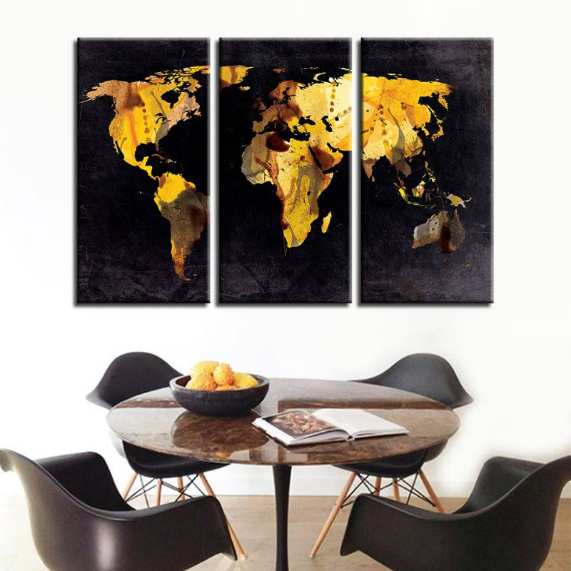 Beautiful Yellow Leaf World Map-Canvas Wall Art Painting 3 Pieces | Bowlift