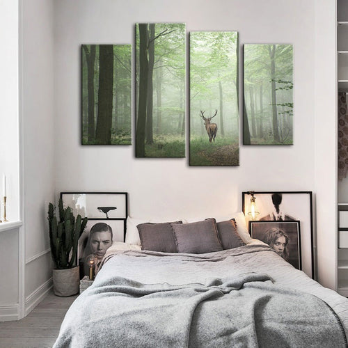 4 Piece Misty Mystical Deer in the Woods - Canvas Wall Art Painting | Bowlift