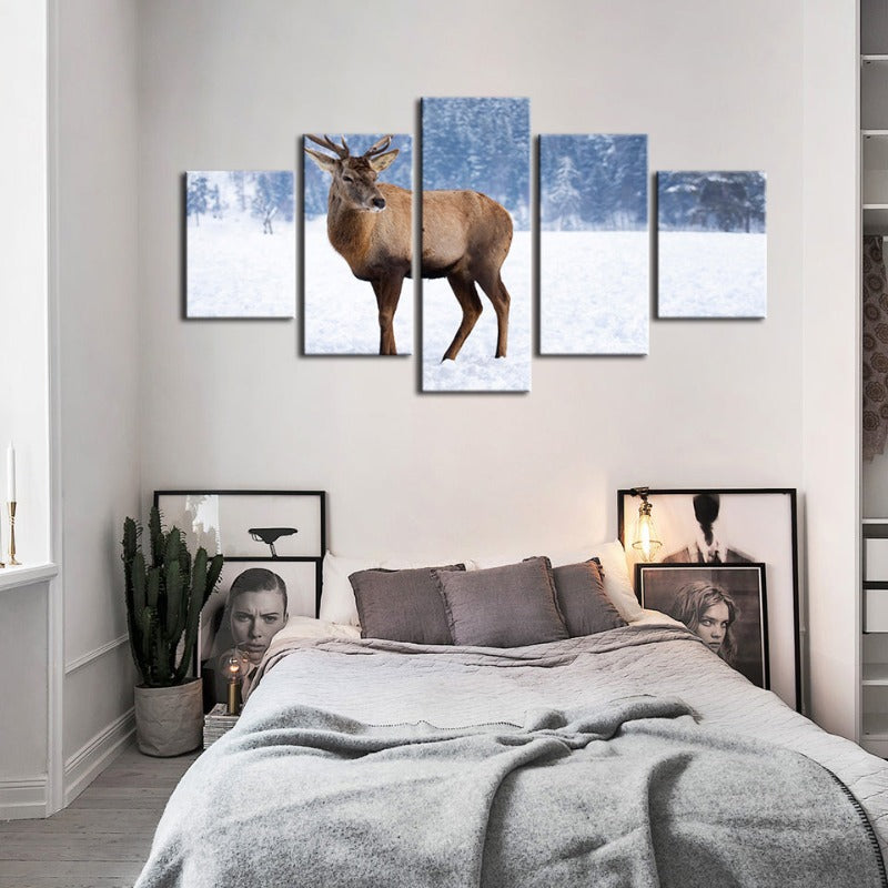 5 Piece Snowy Landscape Deer - Canvas Wall Art Painting | Bowlift