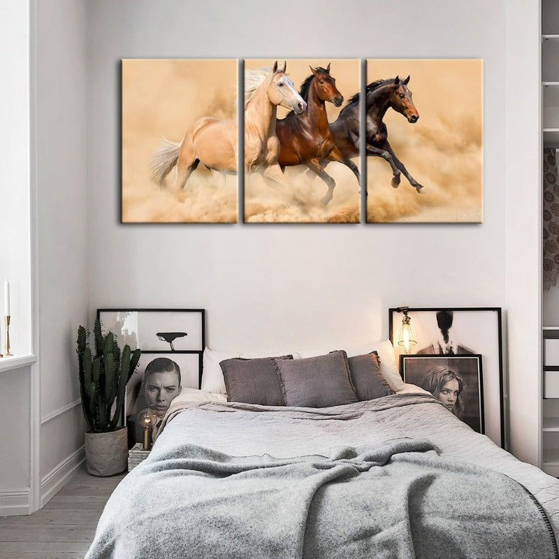 Three Running Horses In Desert-Canvas Wall Art Painting 3 Pieces | Bowlift
