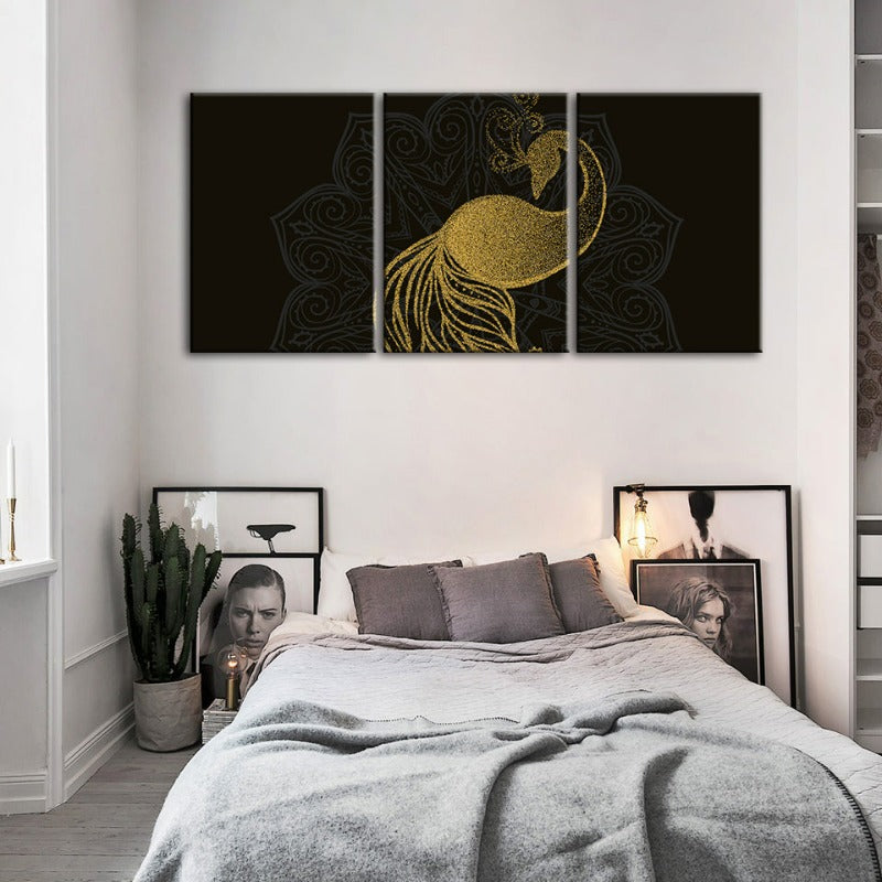Abstract Golden Mandala Peacock - Canvas Wall Art Painting 3 Pieces | Bowlift