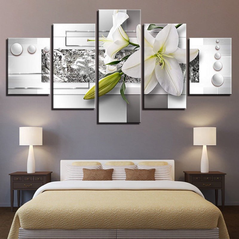 5 Piece White Tulip Flower - Canvas Wall Art Painting | Bowlift