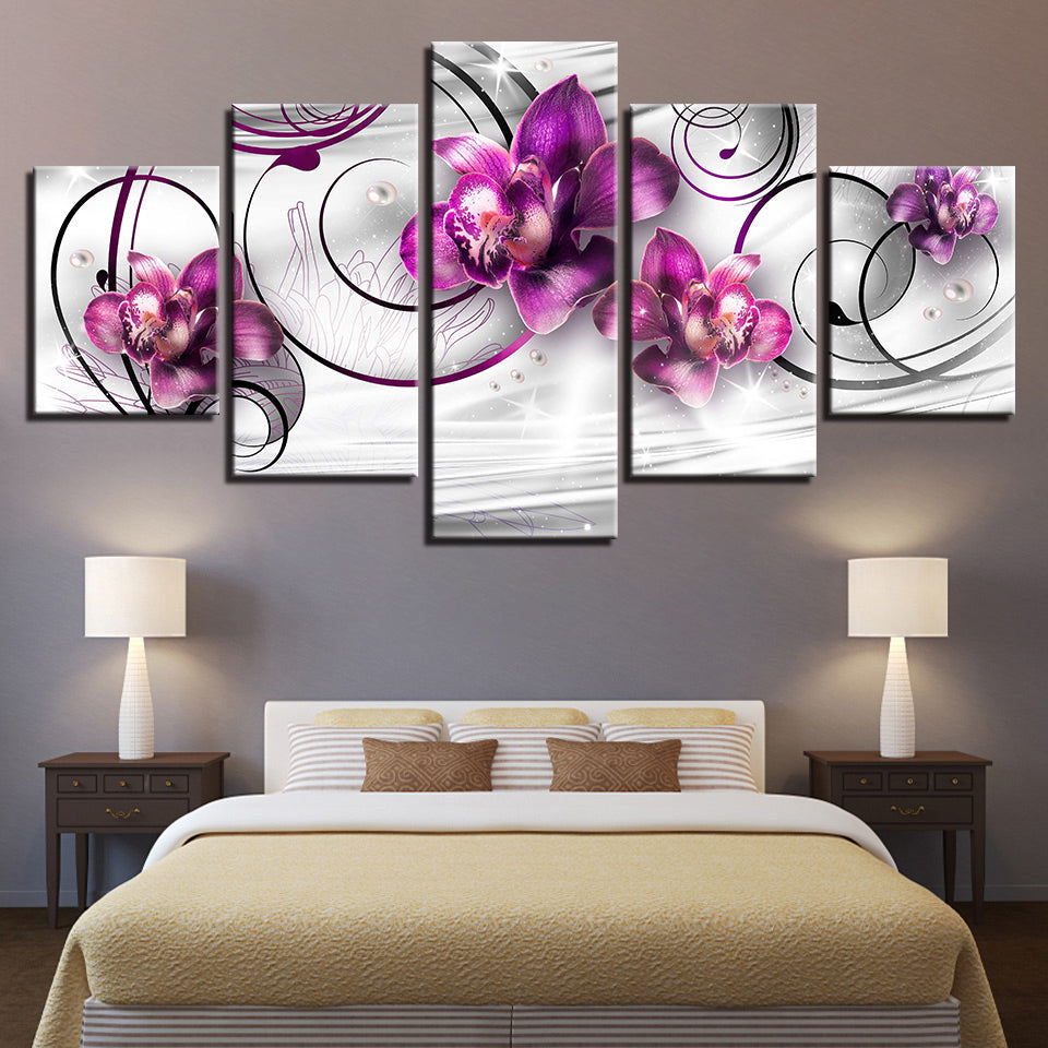 Swirling Purple Orchids 5 Piece - Canvas Wall Art Painting | Bowlift
