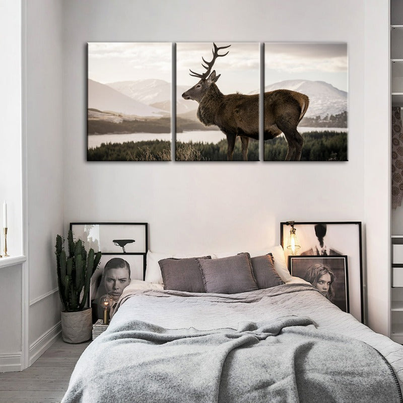 Somber Winter Deer-Canvas Wall Art Painting 3 Pieces | Bowlift