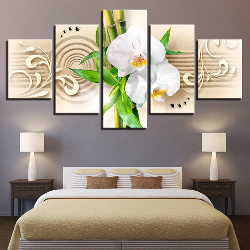 5 Piece Bamboo Stick White Flower - Canvas Wall Art Painting | Bowlift