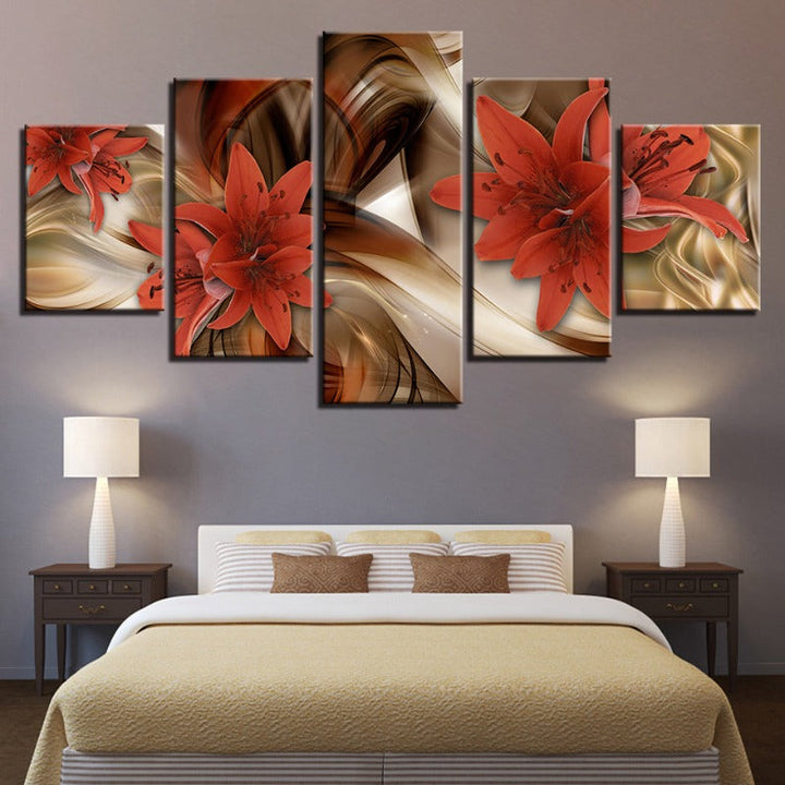 5 Piece Golden Background Red Flower - Canvas Wall Art Painting | Bowlift
