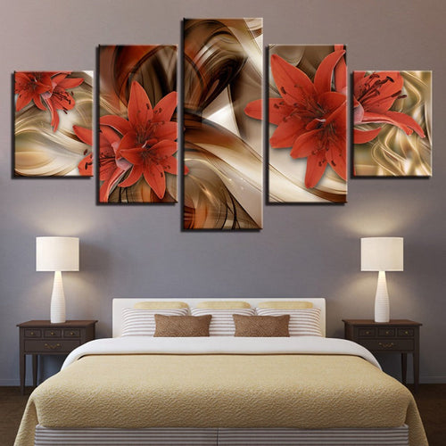 5 Piece Golden Background Red Flower - Canvas Wall Art Painting | Bowlift