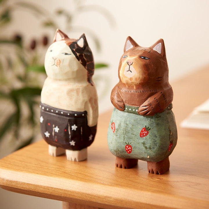 Handmade Cute Cat Wood Carving Ornaments | Bowlift