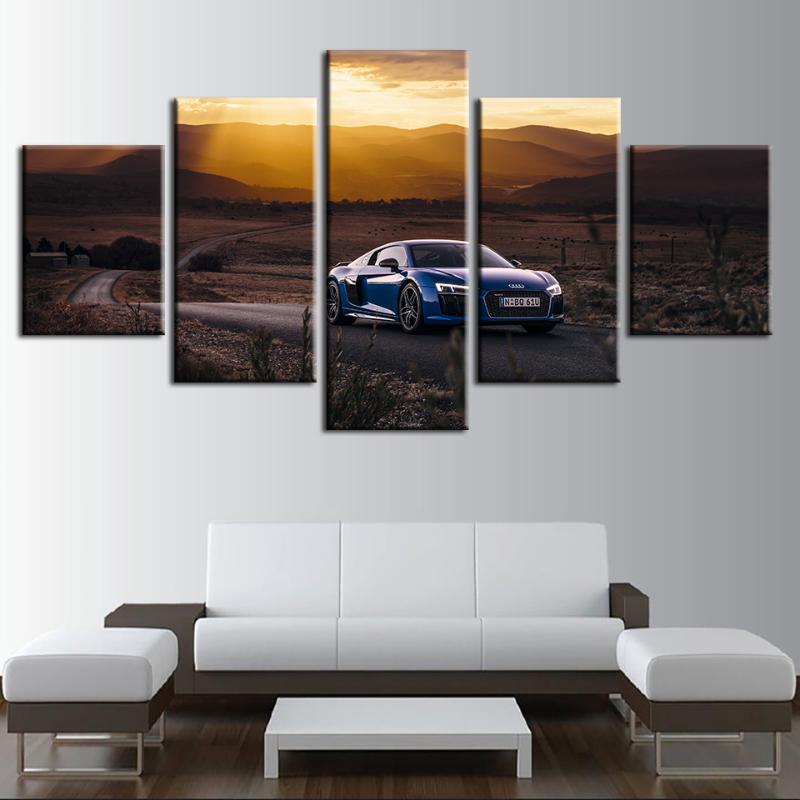 5 Pieces Sunrise - Classic Blue Metallic Car - Canvas Wall Art Painting | Bowlift