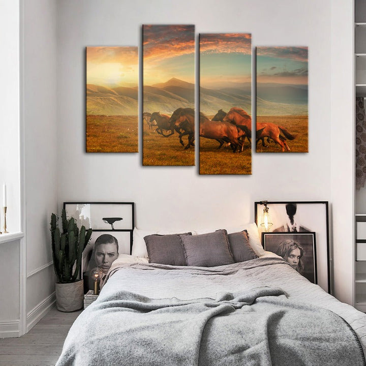 4 Piece Running Horses With Beautiful Landscape - Canvas Wall Art Painting | Bowlift