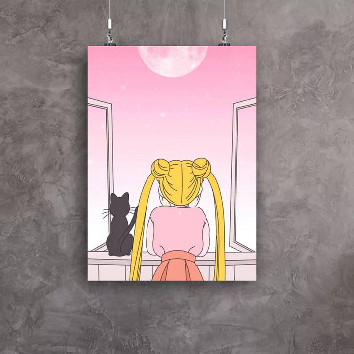 Girl And Her Moon Cat - Canvas Wall Art Painting | Bowlift