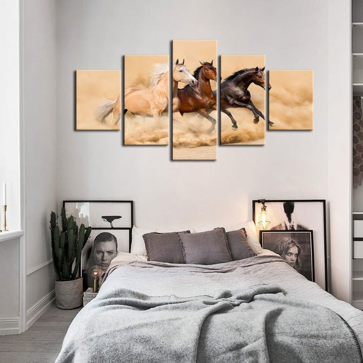 5 Piece Three Running Horses in Desert - Canvas Wall Art Painting | Bowlift