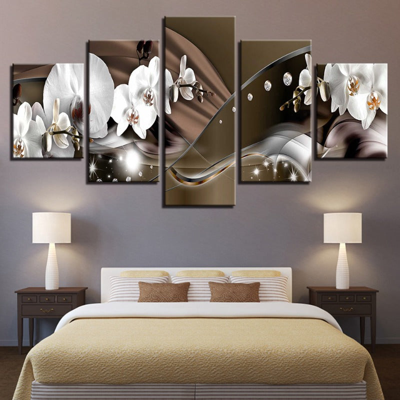 5 Piece Brown Metallic Background White Flower - Canvas Wall Art Painting | Bowlift