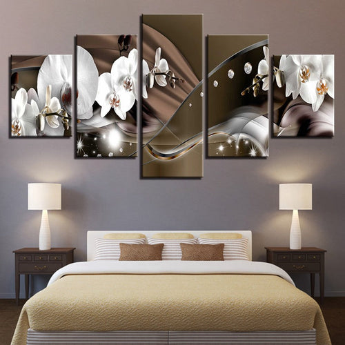 5 Piece Brown Metallic Background White Flower - Canvas Wall Art Painting | Bowlift