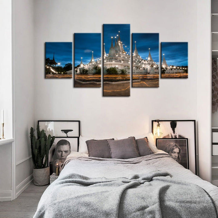 5 Piece Beautiful Temple Night Time - Canvas Wall Art Painting | Bowlift