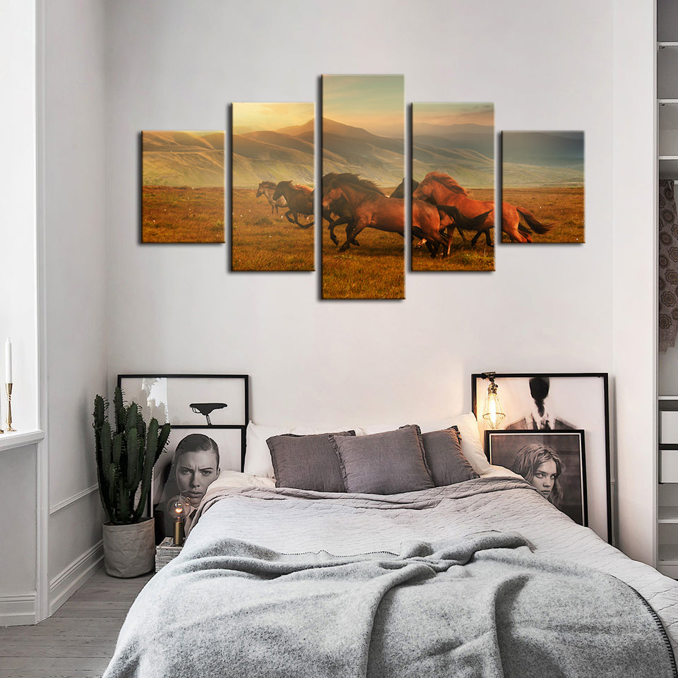 5 Piece Running Horses With Beautiful Landscape - Canvas Wall Art Painting | Bowlift