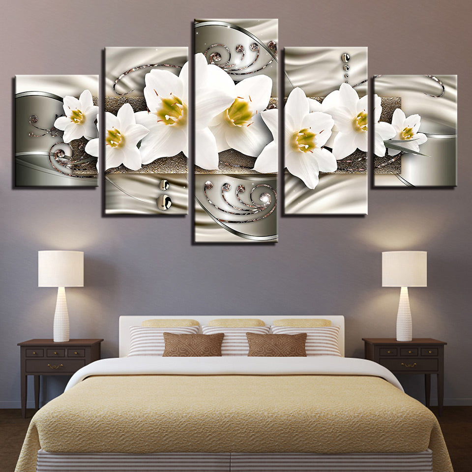Classy White Flowers 5 Piece - Canvas Wall Art Painting | Bowlift