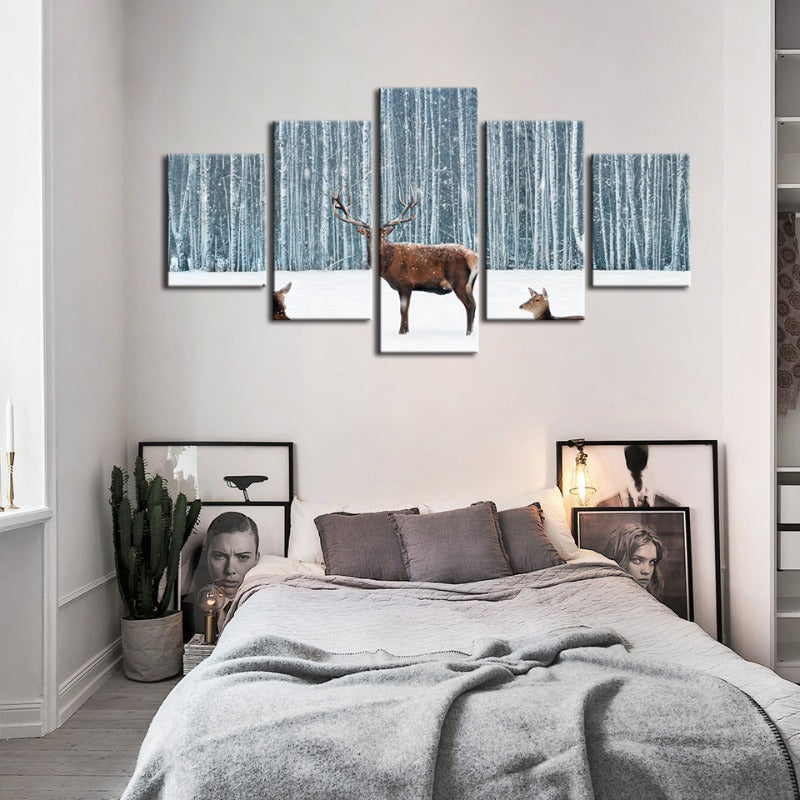 5 Piece Two Does and a Deer in Winter - Canvas Wall Art Painting | Bowlift